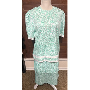 Vintage Maggy Boutique Skirt Set sz 12 Green White Satin 80s Pleated Tiered Midi